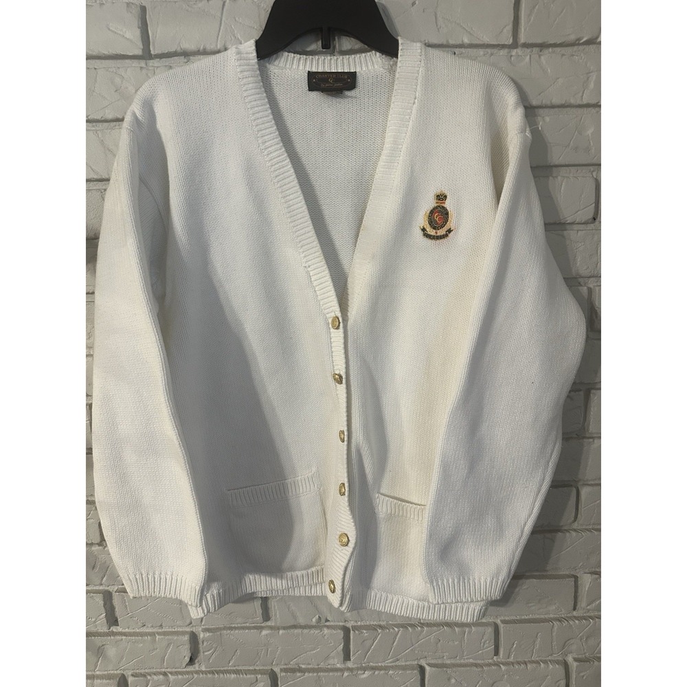 Vintage Charter Club Women White Cotton Cardigan Sweater Crest Button Medium